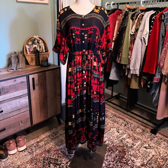 Vintage Jasmine by KVM 90’s Boho Grunge Southwestern Button Up Maxi Dress XL - Picture 2 of 9